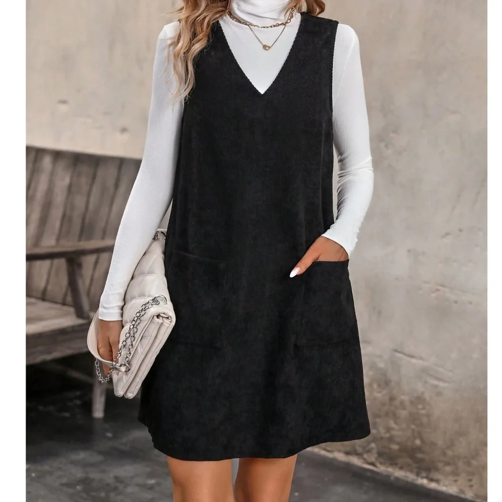 Solid Corduroy Pockets V neck Mini Dress - Picture 1 of 8